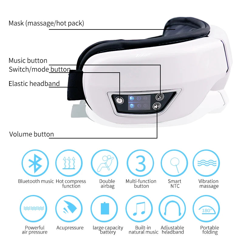 Eye Massage Instrument - Vibration, Airbag Pressure & Hot Compress Eye Massager with Bluetooth Music, Foldable for Fatigue Relief