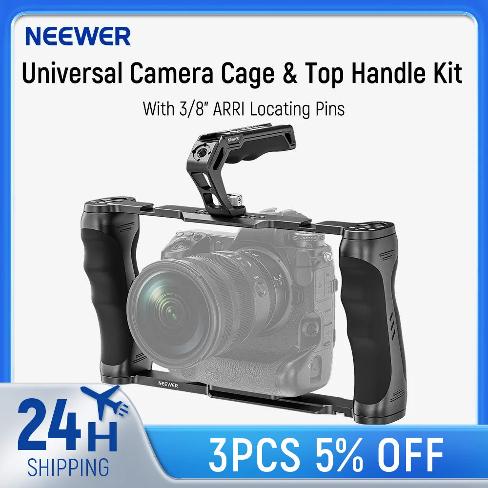 NEEWER Universal Camera Cage with Top Handle – 3/8” ARRI Locating Video Rig Stabilizer with Arca-Type Base for DSLR & Mirrorless Cameras