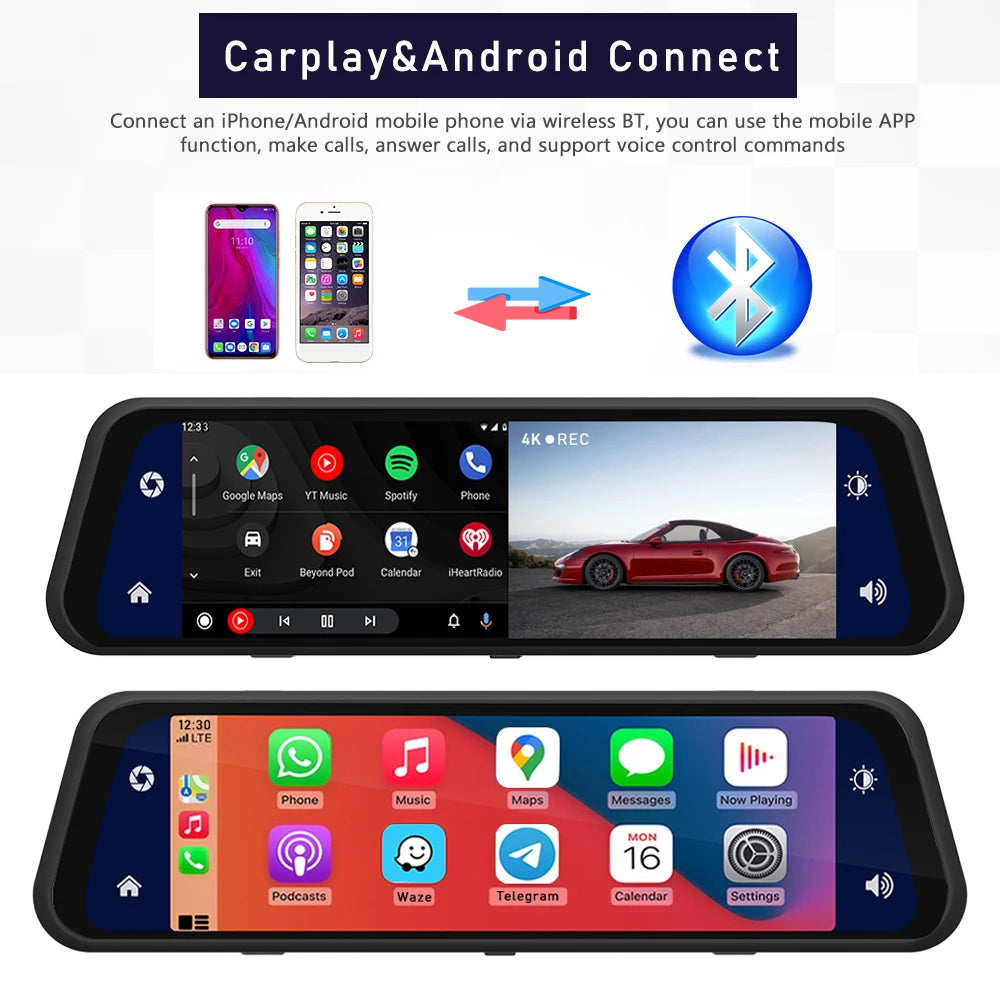 4K 2160P Dash Cam – Car DVR with CarPlay, Android Auto, Rearview Mirror Streaming, GPS, 5G WiFi, FM Radio, AUX