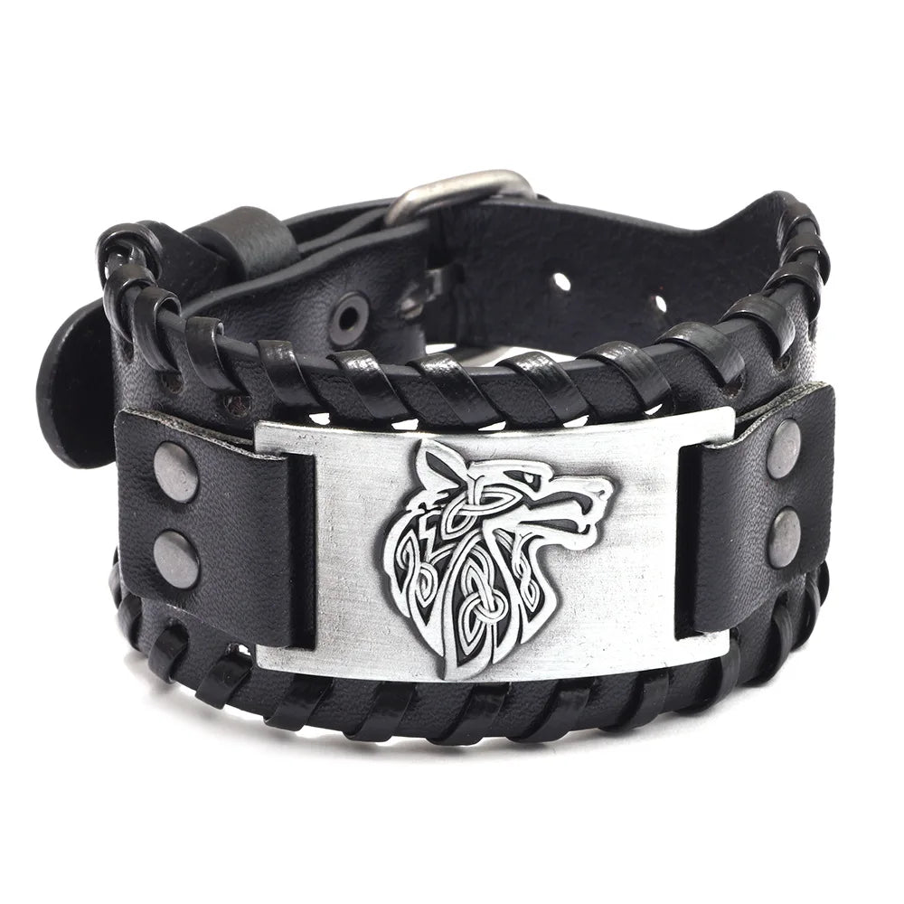 Vintage Viking Leather Braided Bracelet for Men - Celtic Wolf Head Bangle, Classic Animal Motif Jewelry & Hand Accessories