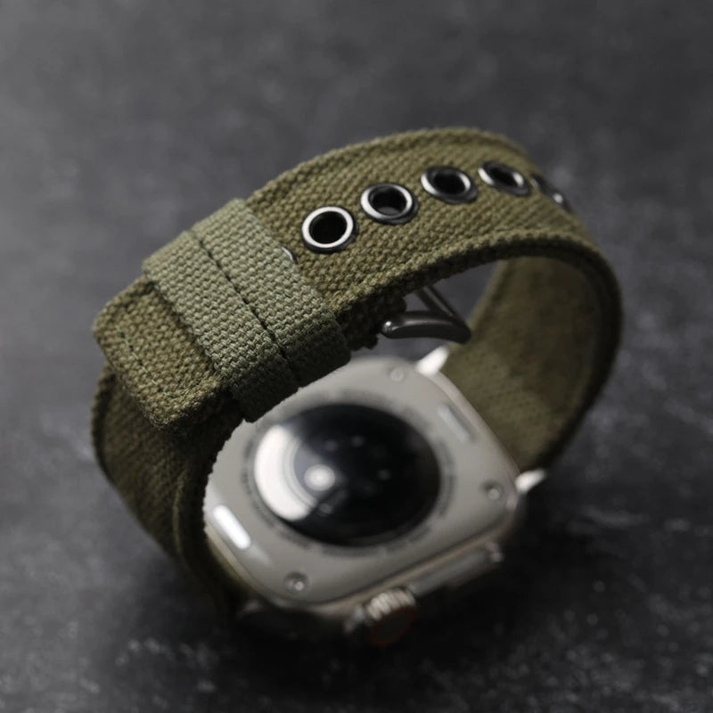 Double Canvas Strap for Apple Watch Ultra – 49MM, 45MM, 44MM, Thickened Green & Black Rugged Style Bracelet for Men