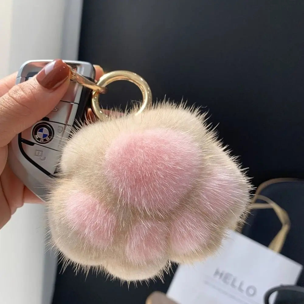 Cat Paw Plush Keychain - Cute Fluffy Faux Fur Pendant Charm for Backpacks, Bags & Car Keys