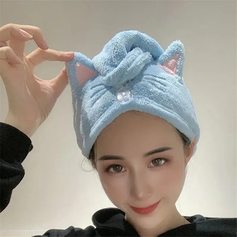 Cute Cat Hair Cap Microfiber Towel - Quick Dry Hat Bath Towel for Long Hair, Strong Water Absorbent Women Wrap, Wiping Hair Towel