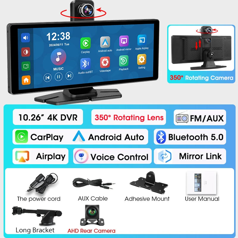 7"/10.26" 4K Dash Cam — Car DVR with Wireless CarPlay, Android Auto, 350° Rotating Lens, GPS & Bluetooth