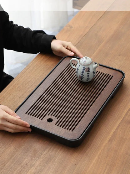 Portable Bamboo Tea Tray – Kung Fu Tea Set Grid Tray with Drainage for Dry & Wet Use