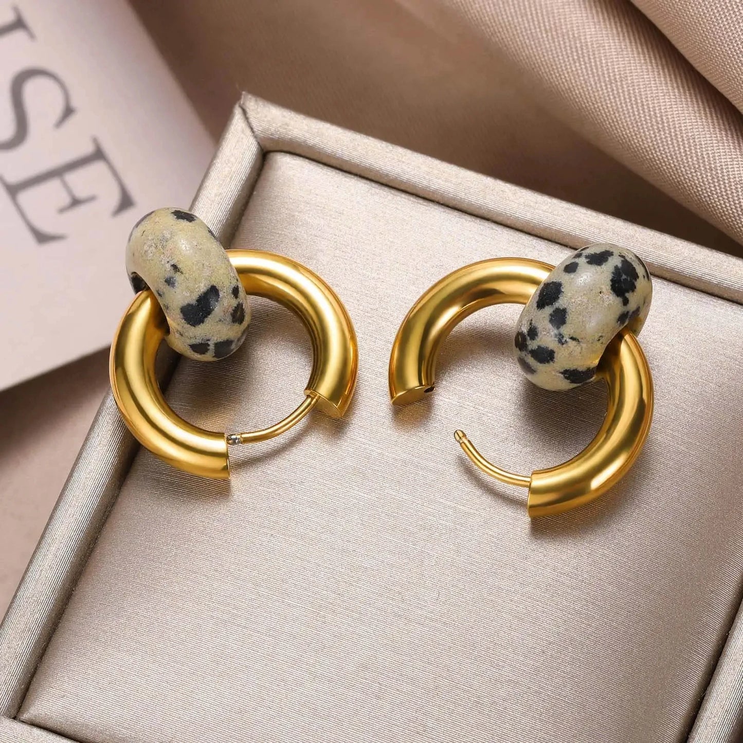 Leopard Bead Opal Stainless Steel Hoop Earrings — Gold Color, Anti-Fading Wedding & Prom Jewelry for Women, Gift Accessory