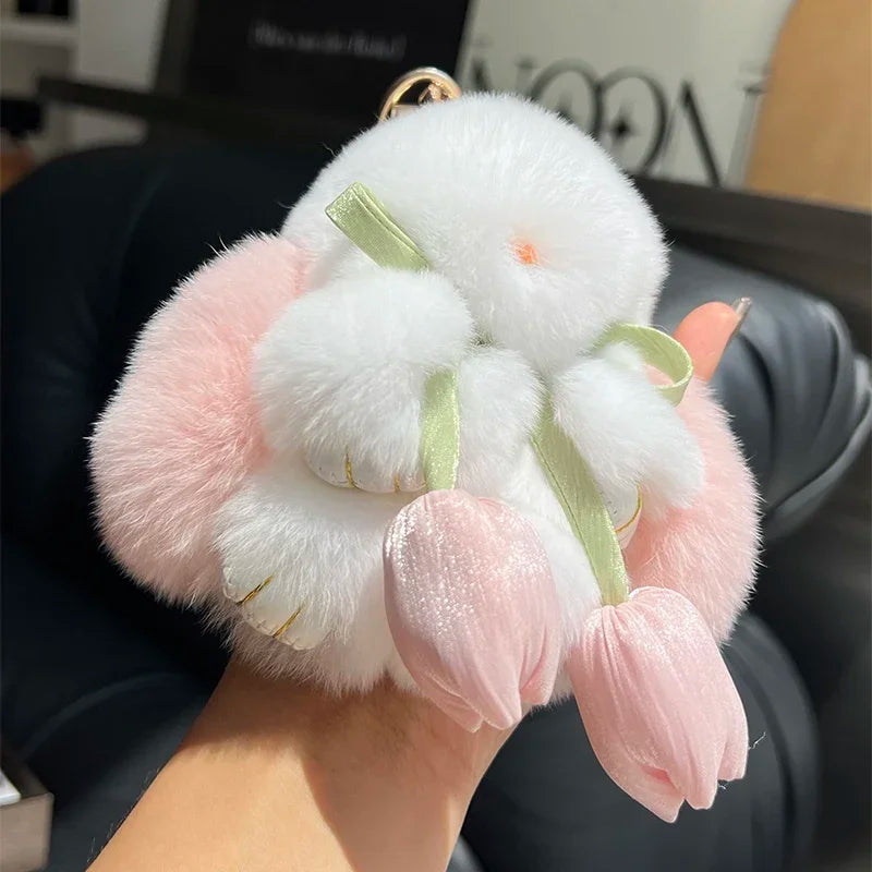 Cute Real Rex Rabbit Fur Keychain – Mini Bunny Pendant Bag Charm & Car Key Ring Plush Toy Gift for Women