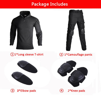 Men’s Camo Tactical Uniform Set | Ripstop Airsoft Suit with Multi-Pocket Pants & Training Shirt for Hunting or Paintball