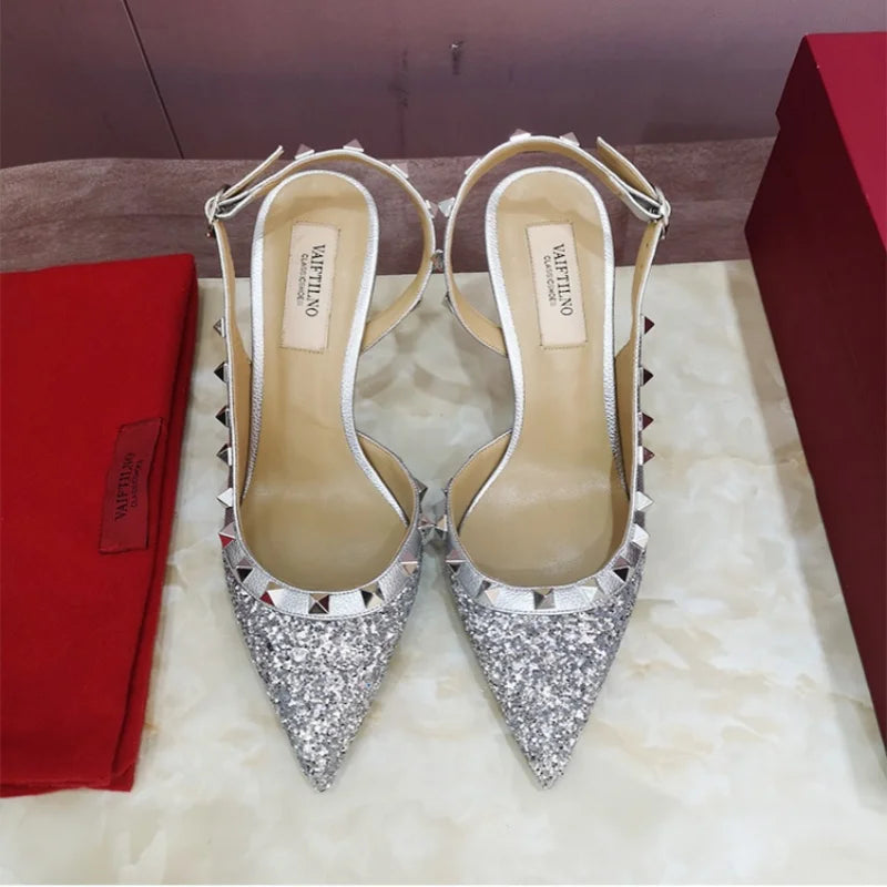 Women’s 2025 Luxury High Heel Sandals – Metal Rivet Gladiator Pointed Toe Stiletto Summer Party Shoes