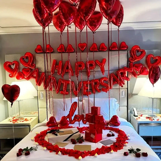 Happy Anniversary Foil Balloons - Wedding Banner Decoration Set for Bridal Shower, Valentine’s Day & Love Celebrations
