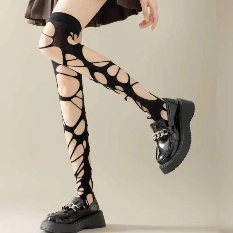 Gothic Lolita Style Fishnet Thigh High Stockings for Women, Irregular Hole Lingerie Long Socks Erotic Hosiery Women's Underwear