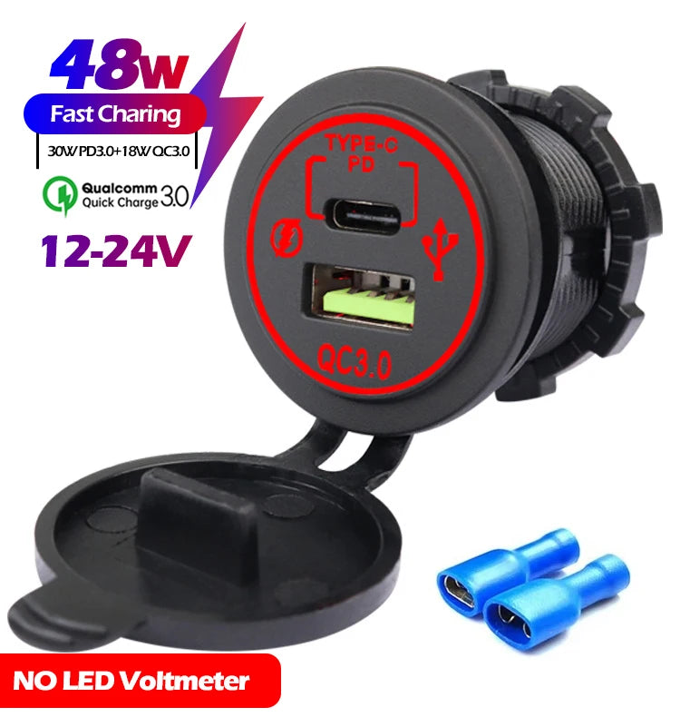 48W Quick Charge 3.0 Waterproof USB Car Charger 12V/24V PD Type-C + QC3.0 Dual USB Fast Charging Socket with LED Voltmeter for Cars, Trucks & Boats