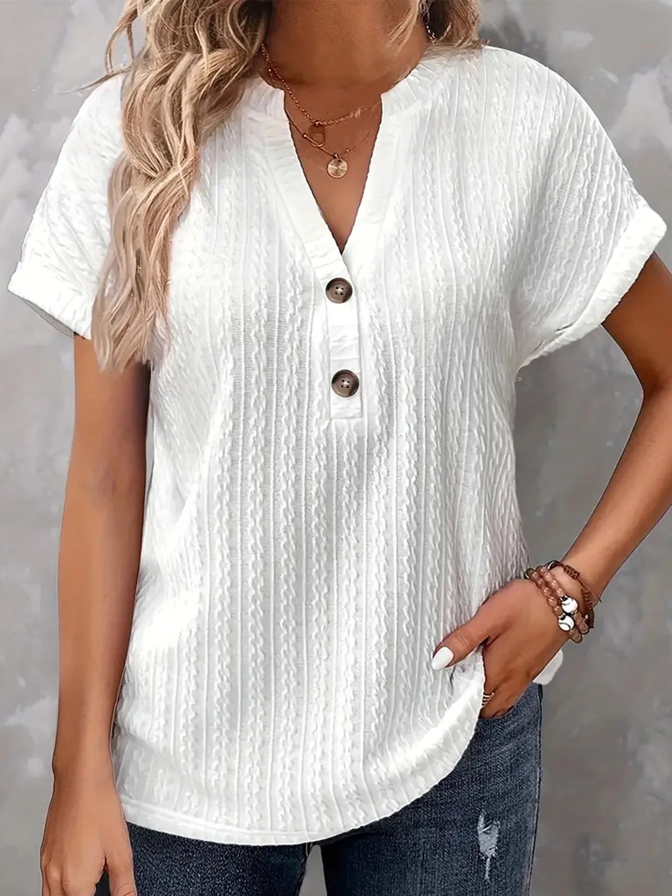 Women’s Casual Short Sleeve V-Neck Button Blouse – Loose Fit Summer Pullover Fashion Shirt