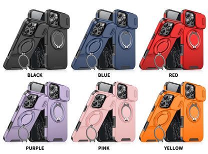 Luxury Rugged Armor Magnetic Case – Heavy Duty PC Cover with Slide Camera Protection for iPhone 16, 15, 14, 13, 12, 11 Pro Max Plus