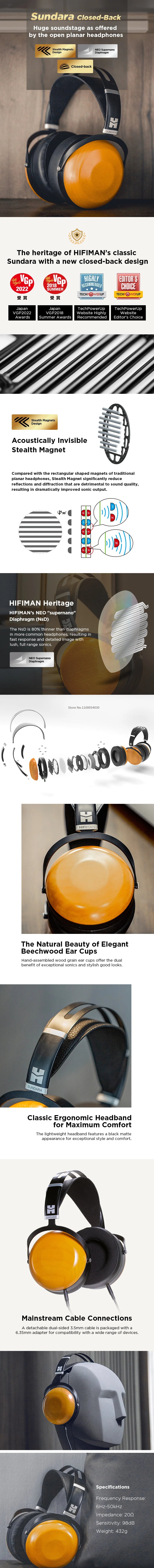 HIFIMAN Sundara Closed-Back Over-Ear Planar Magnetic Headphones - Hi-Fi Sound, Stealth Magnet Design, Wood Ear Cups