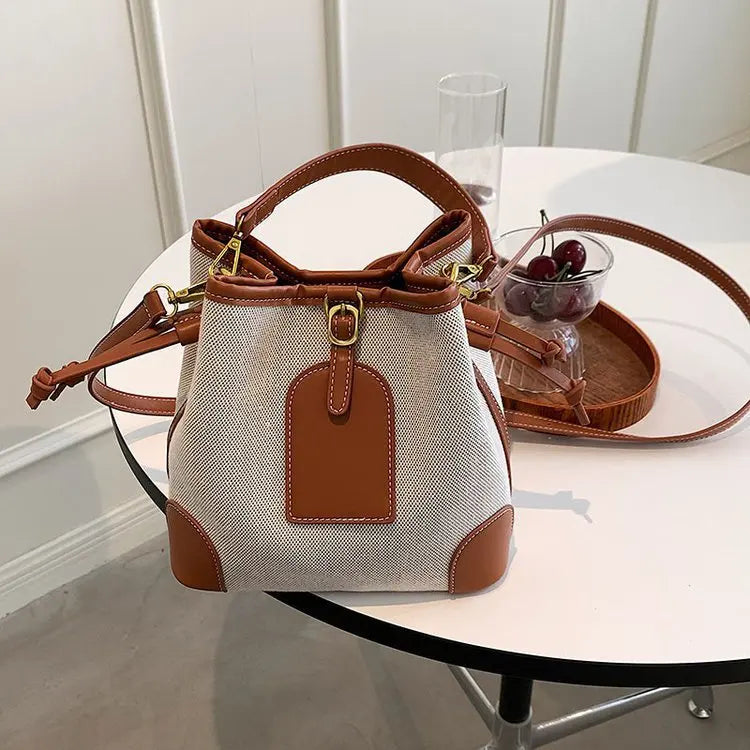 2022 New Korean Style Fashionable Portable Bucket Bag – Trendy Canvas Contrast Texture Messenger Bag