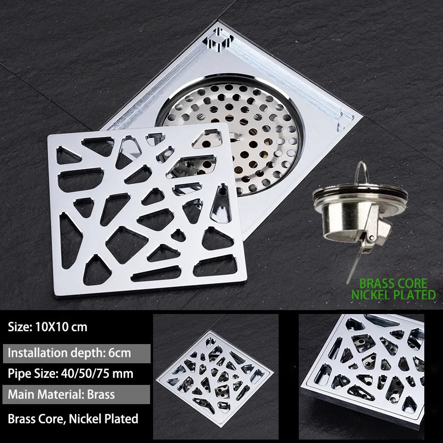 Luxury Brass Floor Drain — 10x10CM Carved Anti-Odor & Insect-Proof Drain for Shower, Bathroom & Balcony