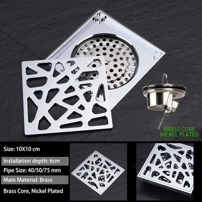 Luxury Brass Floor Drain — 10x10CM Carved Anti-Odor & Insect-Proof Drain for Shower, Bathroom & Balcony