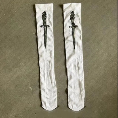 Y2K Punk Graffiti Thigh-High Socks - White Over-Knee Stockings for Cosplay, Harajuku & Kawaii Style