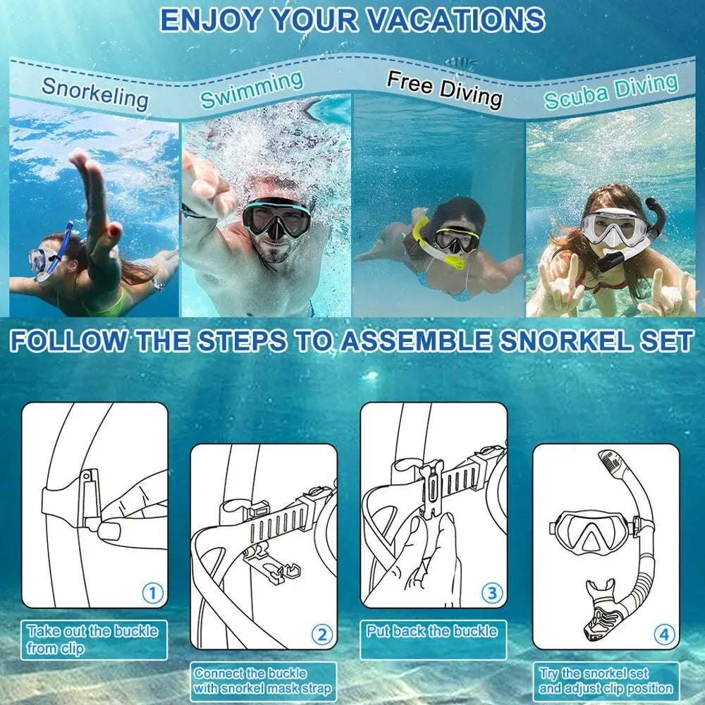Dry Snorkel Set with Tempered Glass Diving Mask – Professional Panoramic Snorkeling Gear for Adults, Swimming and Training Kit