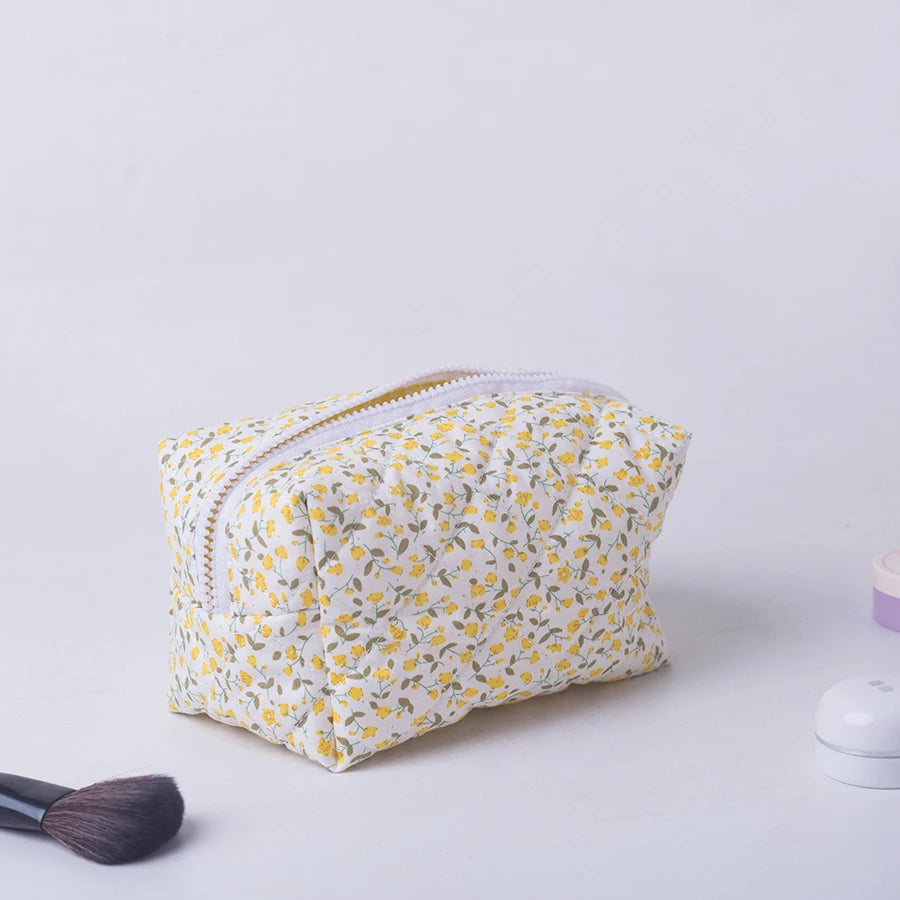 Floral Puffy Quilted Makeup Bag — Large Travel Cosmetic Organizer Pouch with Flower Print for Makeup Accessories