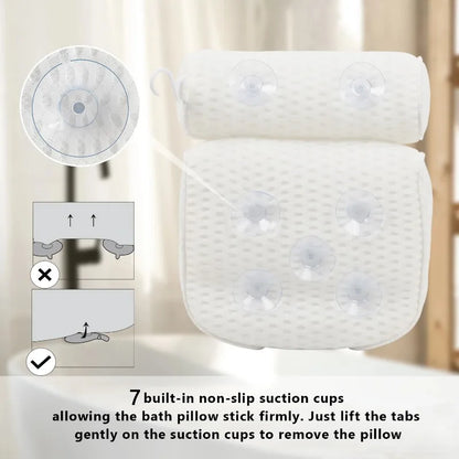 Bath Pillow for Bathtub – Neck, Head & Back Support with Non-Slip Suction Cups and Air Mesh Design