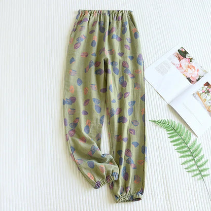 2025 Spring Summer Women's Pajama Pants – 100% Cotton Crepe Loose Fit Leaf Print Home Wear Bottoms