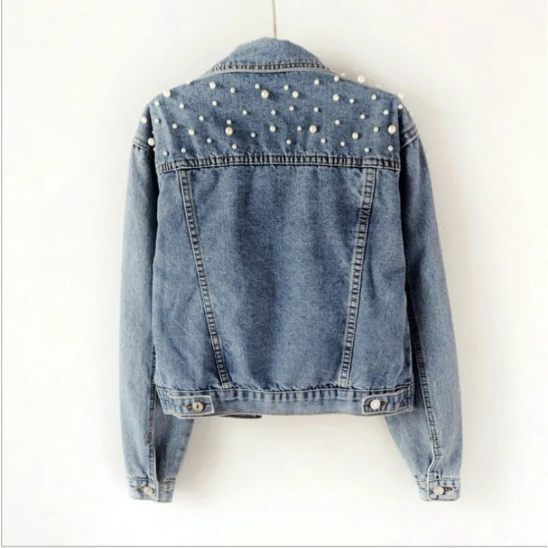 2024 Women's Short Denim Jacket – Beaded Pearl Design, Loose Fit for Spring & Autumn, New Denim Jacket