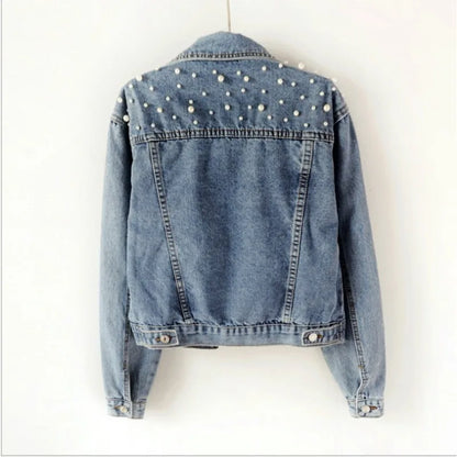 2024 Women's Short Denim Jacket – Beaded Pearl Design, Loose Fit for Spring & Autumn, New Denim Jacket