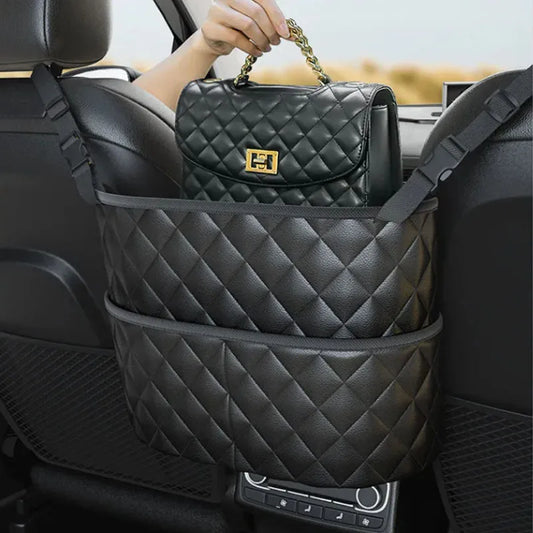Large Capacity Car Middle Seat Storage Net - Leather Hanging Bag & Seat Back Organizer