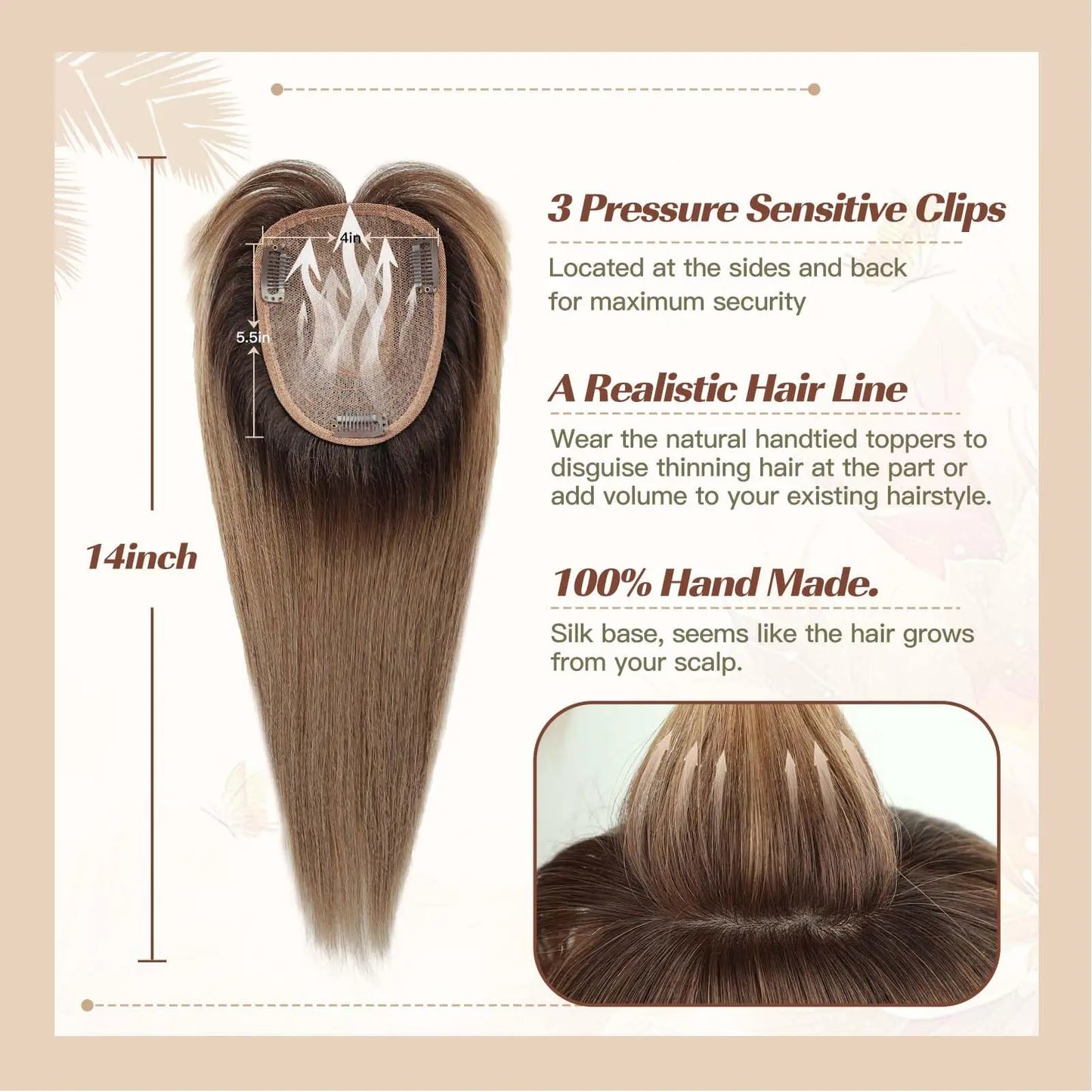 Straight Ombre Brown Remy Human Hair Topper – 100% Silk Base Clip-in Wig with Bangs, Hair Extension for Women
