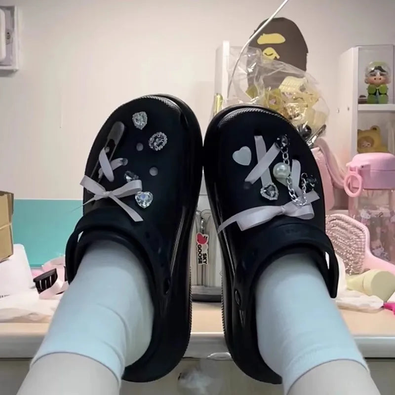 Pink Cute Shoe Charms with Ribbon Bow – Designer Clog Accessories for Girls & Women