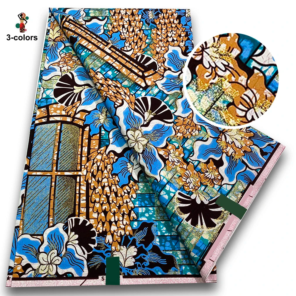 African Golden Wax Fabric - Glitter Gold Print Batik Ankara Pagne Material for Women