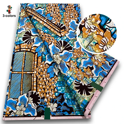 African Golden Wax Fabric - Glitter Gold Print Batik Ankara Pagne Material for Women