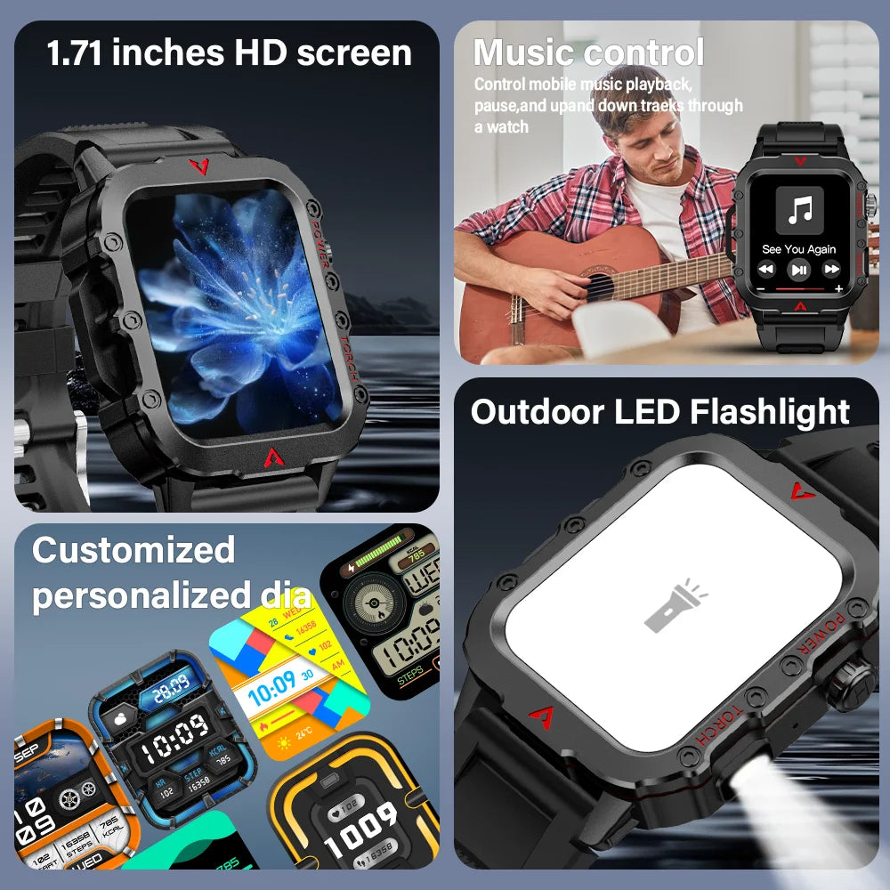 LAXASFIT Men’s Sports Smart Watch – 1.71" Screen, Blood Oxygen, Bluetooth Call, LED Flashlight, Multi-Sport Outdoor Watch