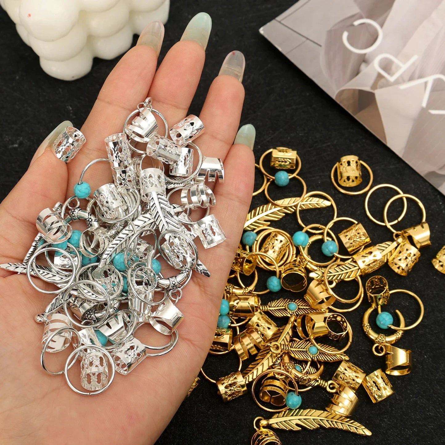 31PCS Turquoise Hollow-Out Hair Rings — Dreadlock & Braid Beads, Hair Braid Tubes Charm Jewelry for Styling