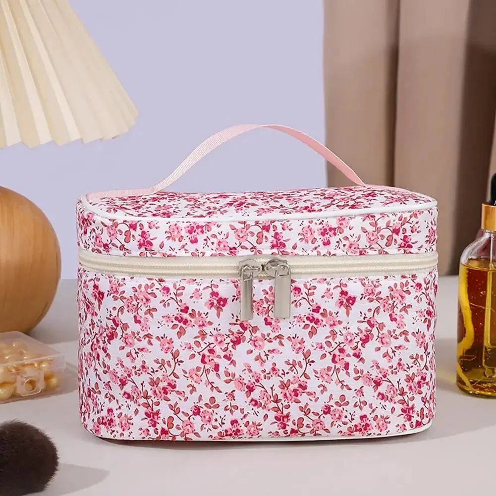 Cotton Floral Cosmetic Pouch – Dual Zipper Makeup Organizer, Portable Travel Storage & Wash Bag