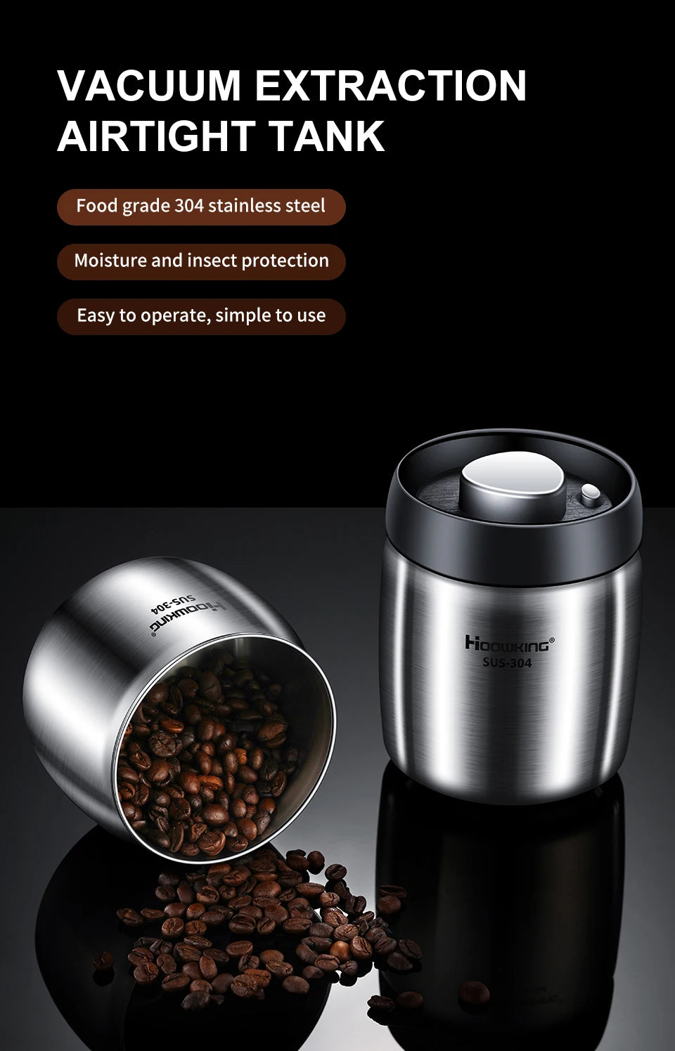 Vacuum Sealed Coffee Bean Storage Tank – 304 Stainless Steel Moisture-Proof Food Jar for Home