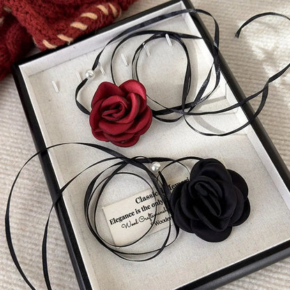 Romantic Rose Flower Necklace - New Adjustable Cloth Clavicle Chain, Fashion Retro Pearl Strap for Women