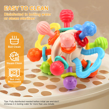 Soft Silicone Baby Rattle Ball Teether - Manhattan Round Hand Grab Toy for Infants 0M+ Teething Gift