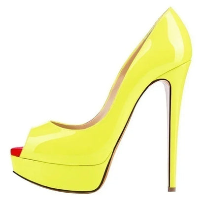 Women’s Sexy Platform Peep Toe Pumps – 14cm Stiletto Patent Leather High Heels for Party & Wedding