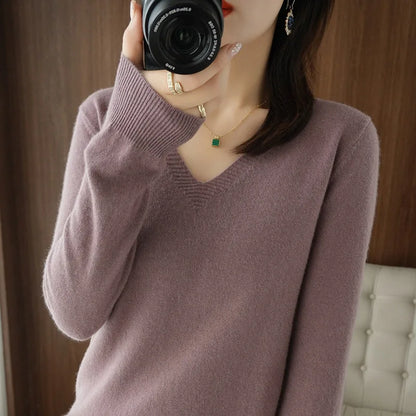 New Women’s Cashmere V-Neck Pullover – Lace Hollow Out Long Sleeve Knitted Sweater for Fall & Winter