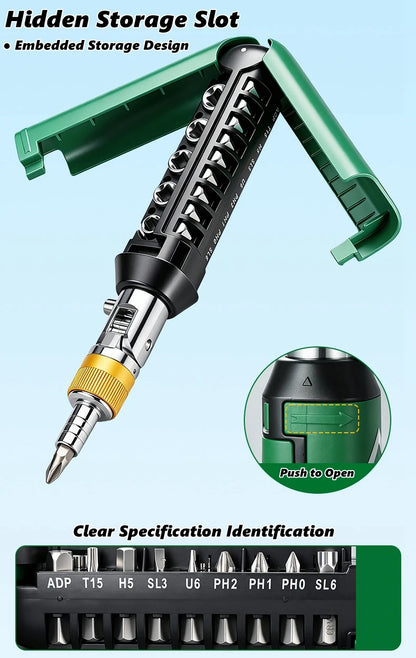 14-in-1 Rotary Ratchet Screwdriver Set - Magnetic Torx & Phillips Bits for Motor Repair and DIY Projects