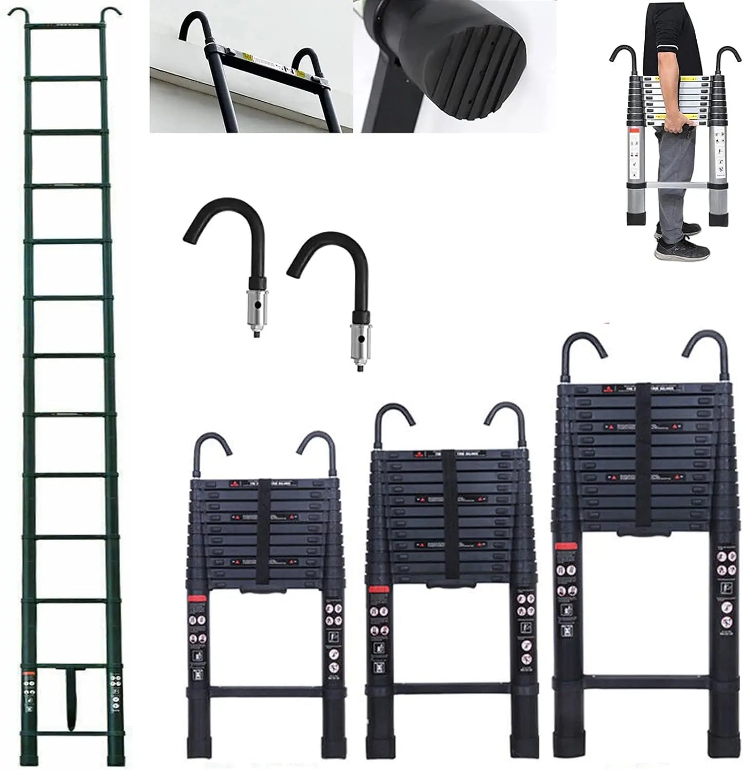 DayPlus 3.2-6.2M Telescopic Ladder with Roof Hook Kit – Portable, Heavy Duty Aluminium Multi-Purpose Folding Extendable Ladder