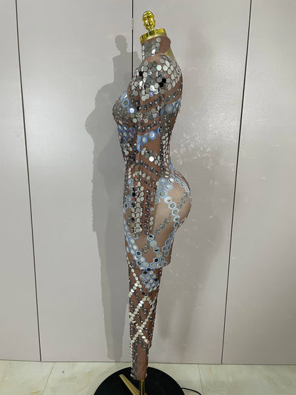 Sexy Shiny Silver Sequin & Black Spandex Jumpsuit — 2025 Women’s Prom, Dancer & Stage Performance Costume