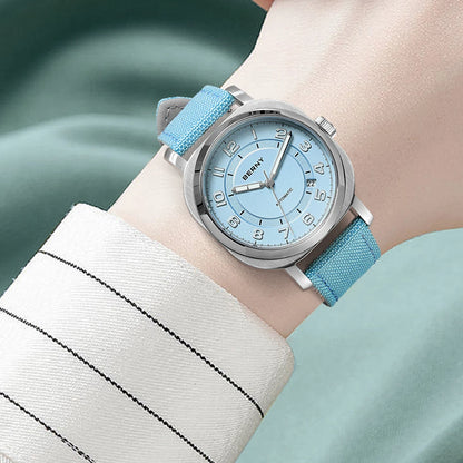 BERNY Women’s Mechanical Watch — Self-Wind Pillow Cushion Design with Sapphire Crystal, Super Luminous Display, Canvas Strap, and Calendar Function