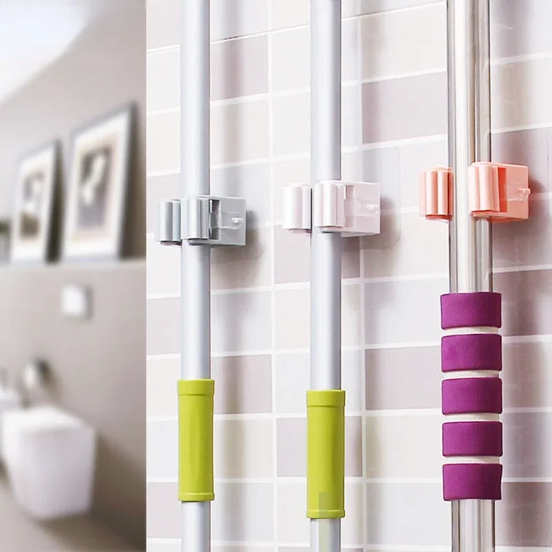 Punch-Free Mop Holder Wall-Mounted Broom Hanger with Self-Adhesive Hooks - Bathroom Shelf for Home Accessories and Bathroom Storage