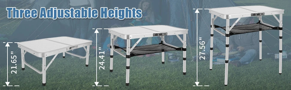 Small Folding Camping Table – Portable Lightweight Aluminum with Adjustable Height, Carry Handle & Mesh Holders for Outdoors