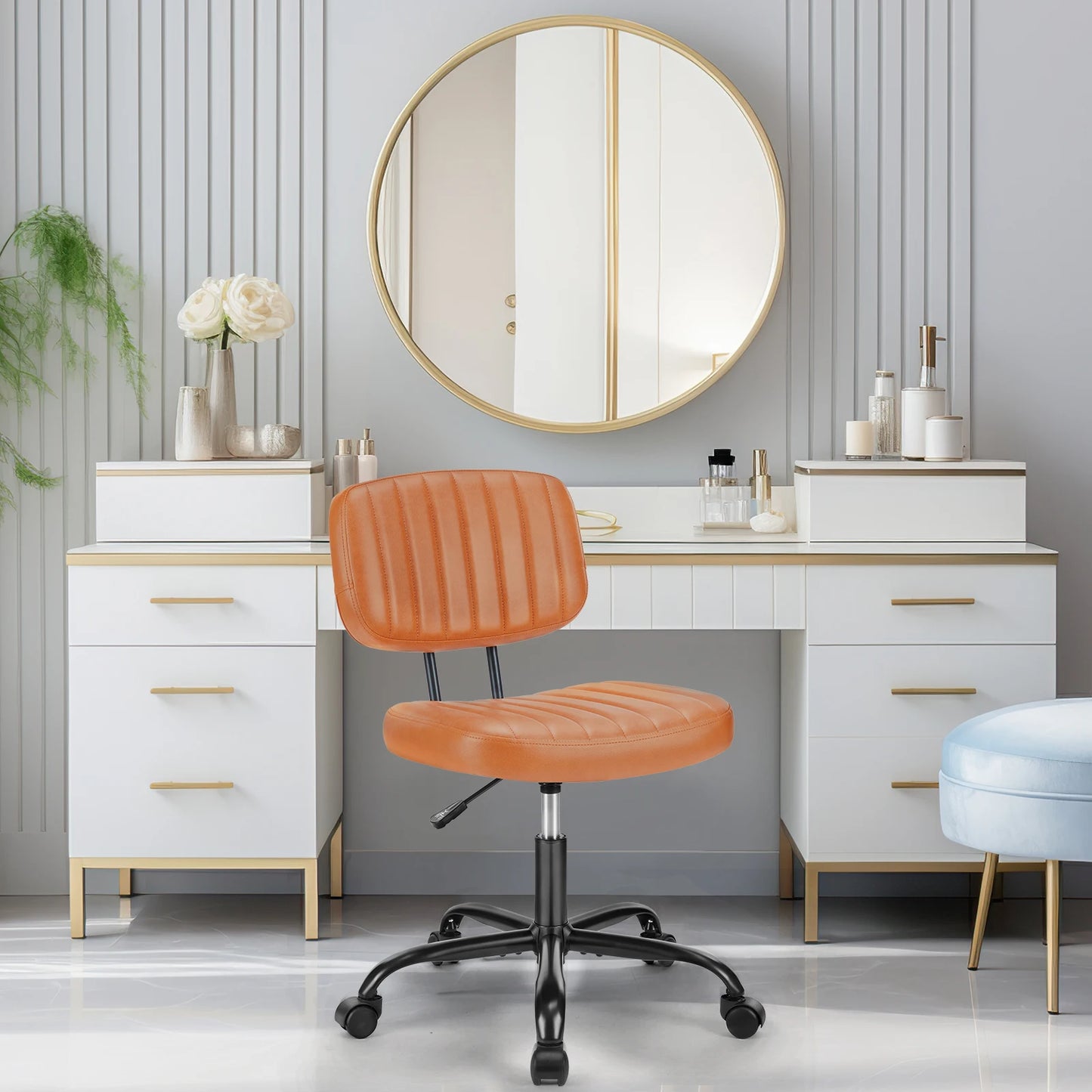Armless Office Desk Chair – Height Adjustable PU Leather with Lumbar Support & 360° Swivel Wheels