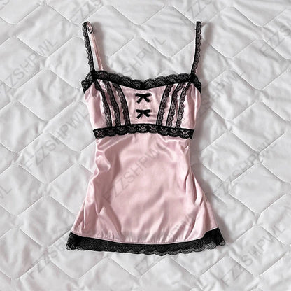 Women’s Grunge Punk Gothic Camisole Top – Y2K V-Neck Bow Lace Slim Fit Crop Cami Streetwear